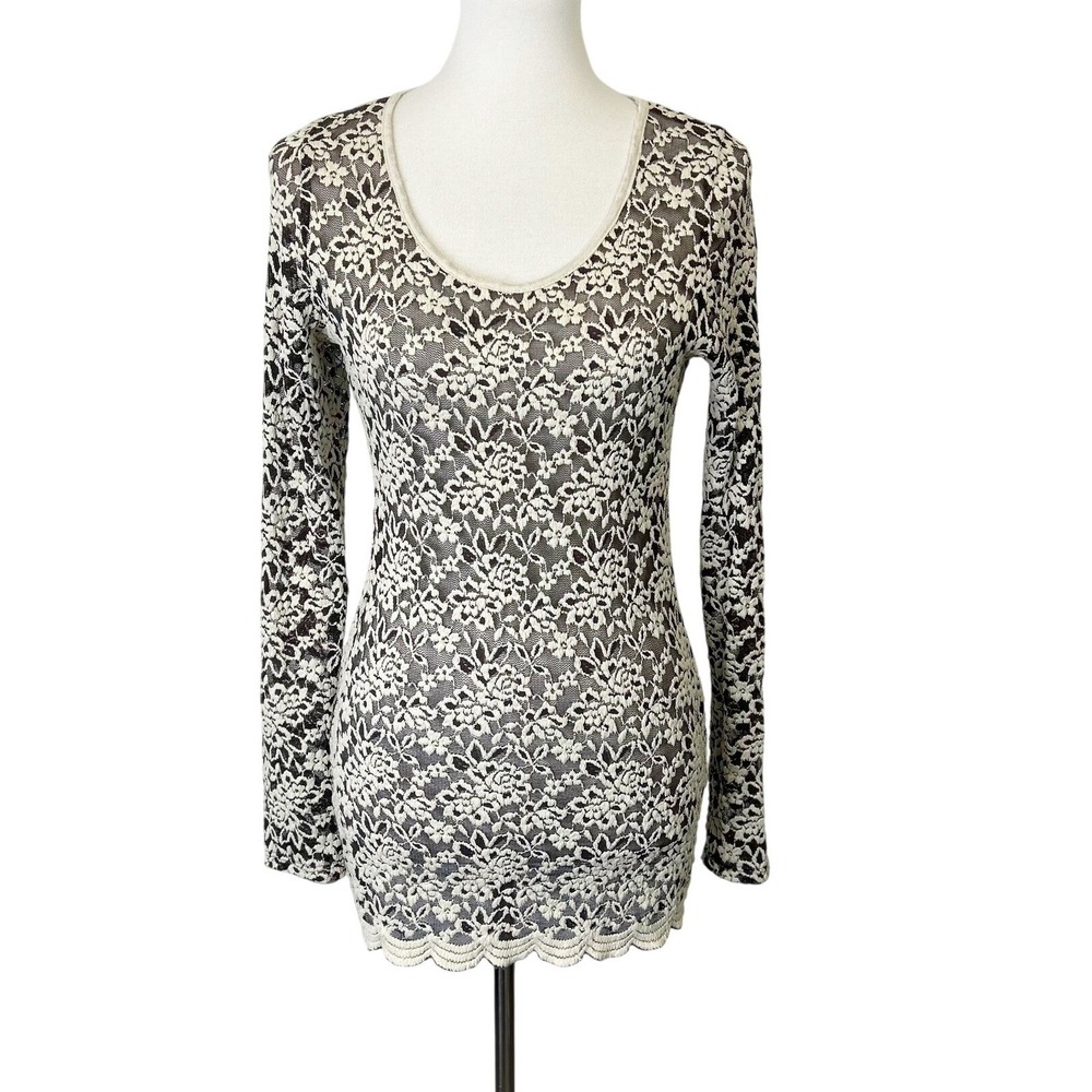 Wet Seal Y2K Sheer Lace Mesh Top‎ Junior's Size Medium Long Sleeve Brown Cream